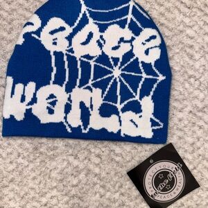 Peace Love World Blue Knit Beanie with White Pattern